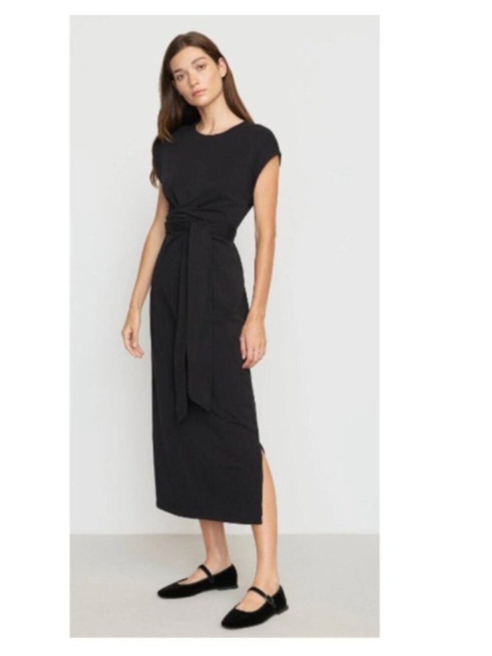 Modern Citizen Fei Organic Cotton Tie Front Midi Dress Black l large